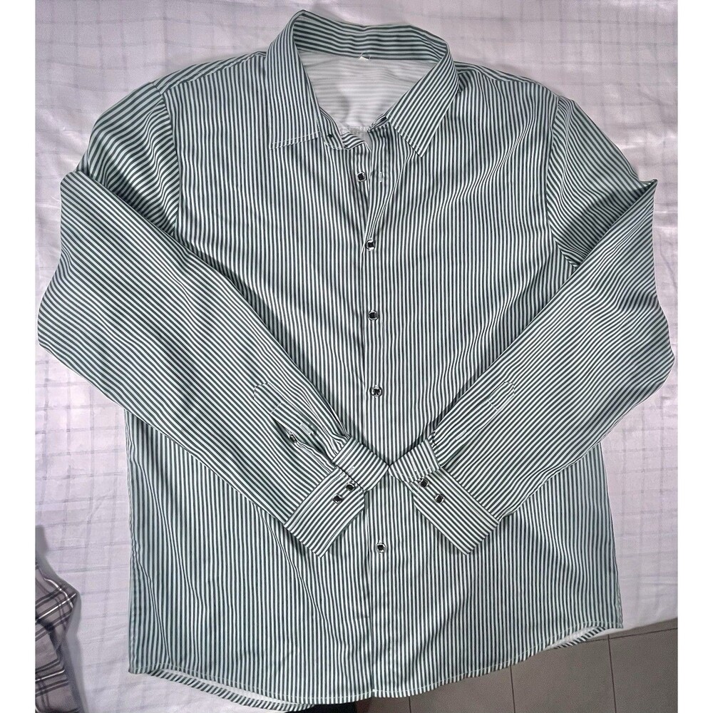 Mens XXL Striped Dress Shirt Green White Long Sleeve Polyester